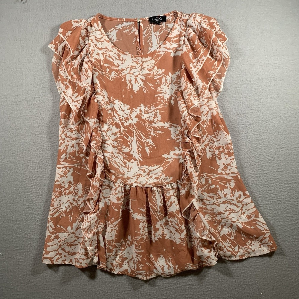GIGO USA Womens Top‎ Med Floral Print Round Neck Ruffle Sleeveless Boho Feminine